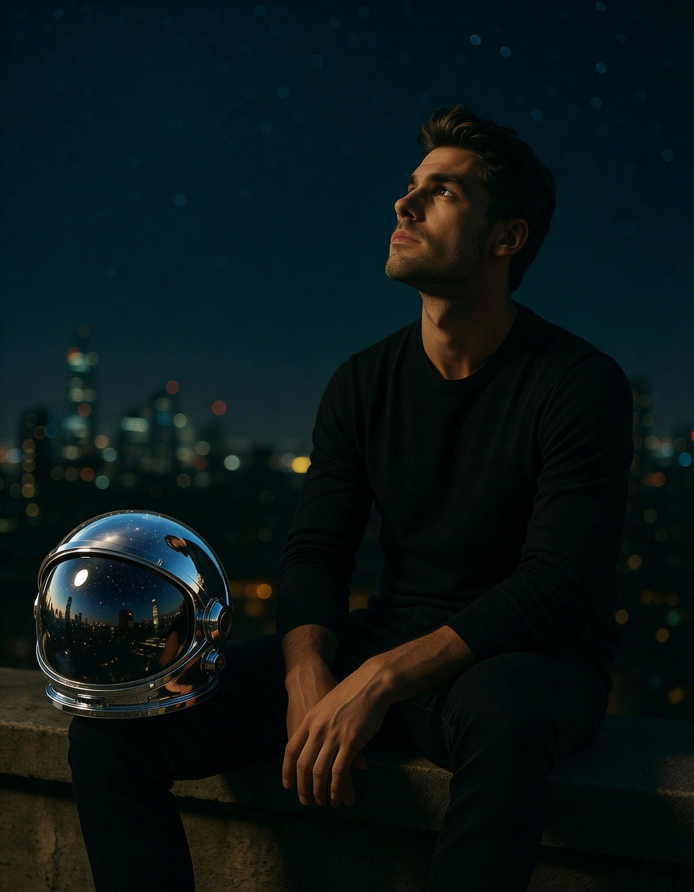 Explorador moderno de noche que representa la mentalidad detrás de ROCKETMEN de ROY VIROK