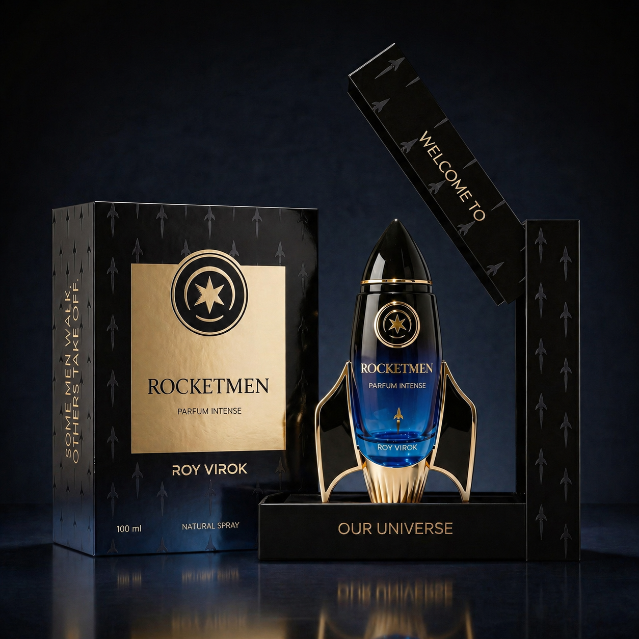 ROY VIROK ROCKETMEN Parfum Intense 100 ml with rocket-shaped bottle and luxury black and gold packaging.