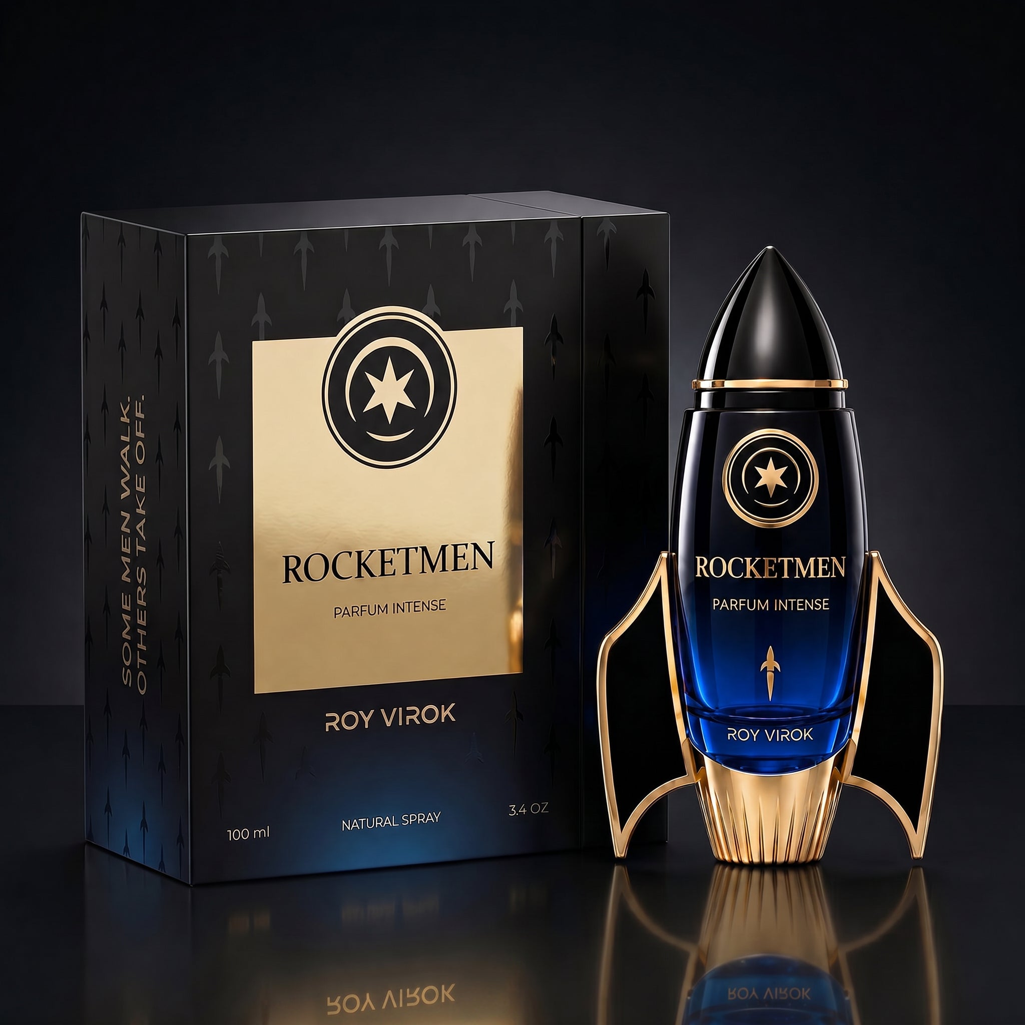 ROCKETMEN Parfum Intense 100 ml by ROY VIROK with premium packaging, a luxury men’s fragrance designed as a distinctive gift.