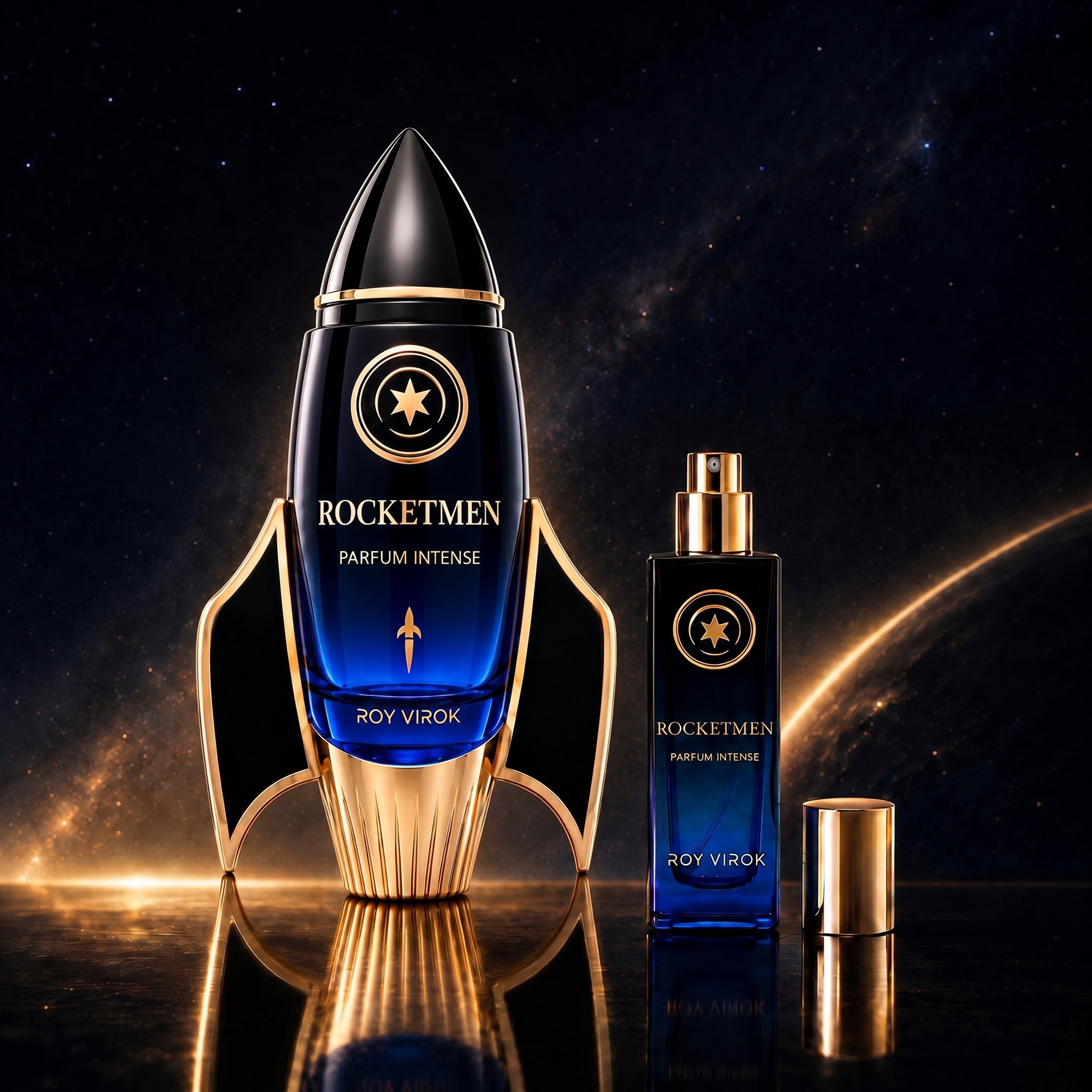 ROCKETMEN Parfum Intense by ROY VIROK with 100 ml rocket-shaped bottle, Discovery Size and gold cap against a cosmic background.