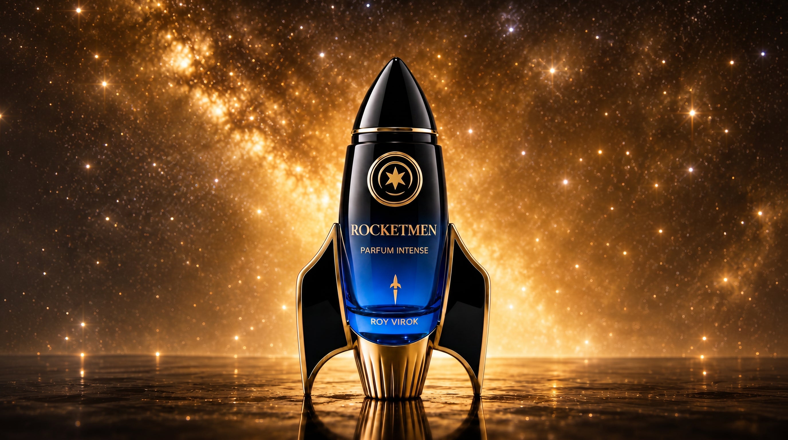 ROCKETMEN Parfum Intense by ROY VIROK, a rocket-shaped luxury perfume bottle with glossy gold details against a golden cosmic background.