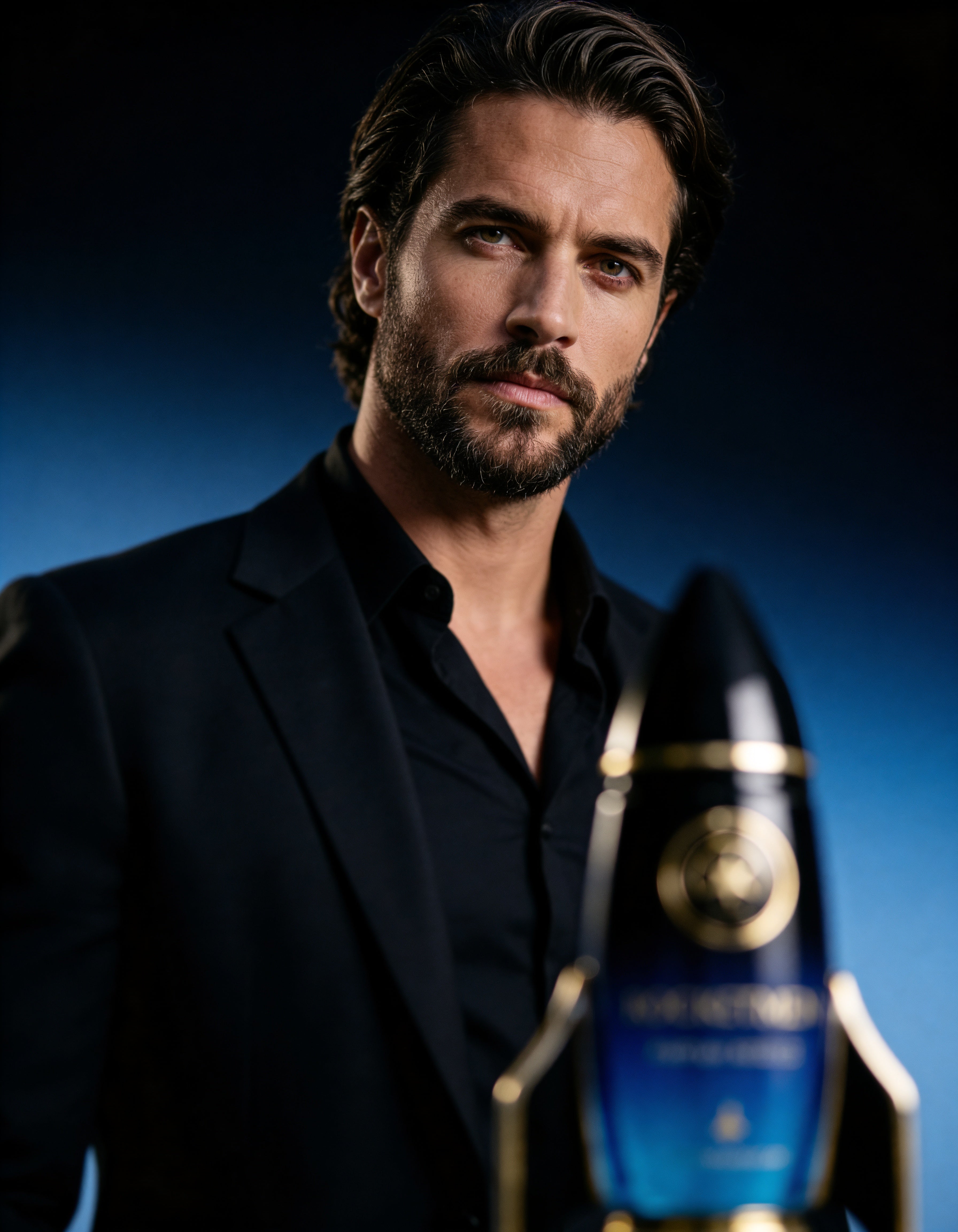 Portrait of a man wearing a black suit with the ROCKETMEN Parfum Intense perfume bottle softly out of focus in the foreground