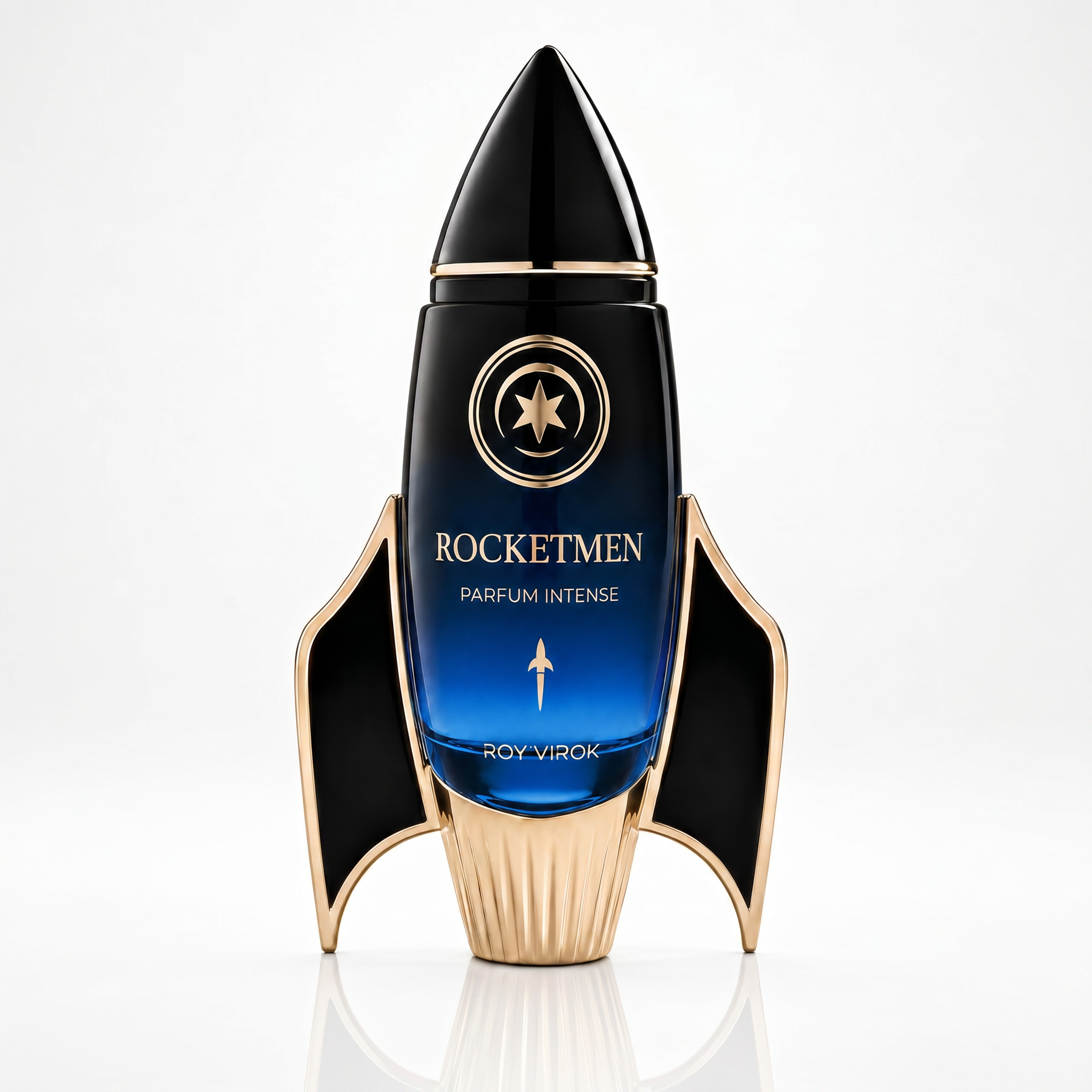 ROCKETMEN Parfum Intense 100 ml by ROY VIROK in a rocket-shaped bottle on a clean white reflective surface.