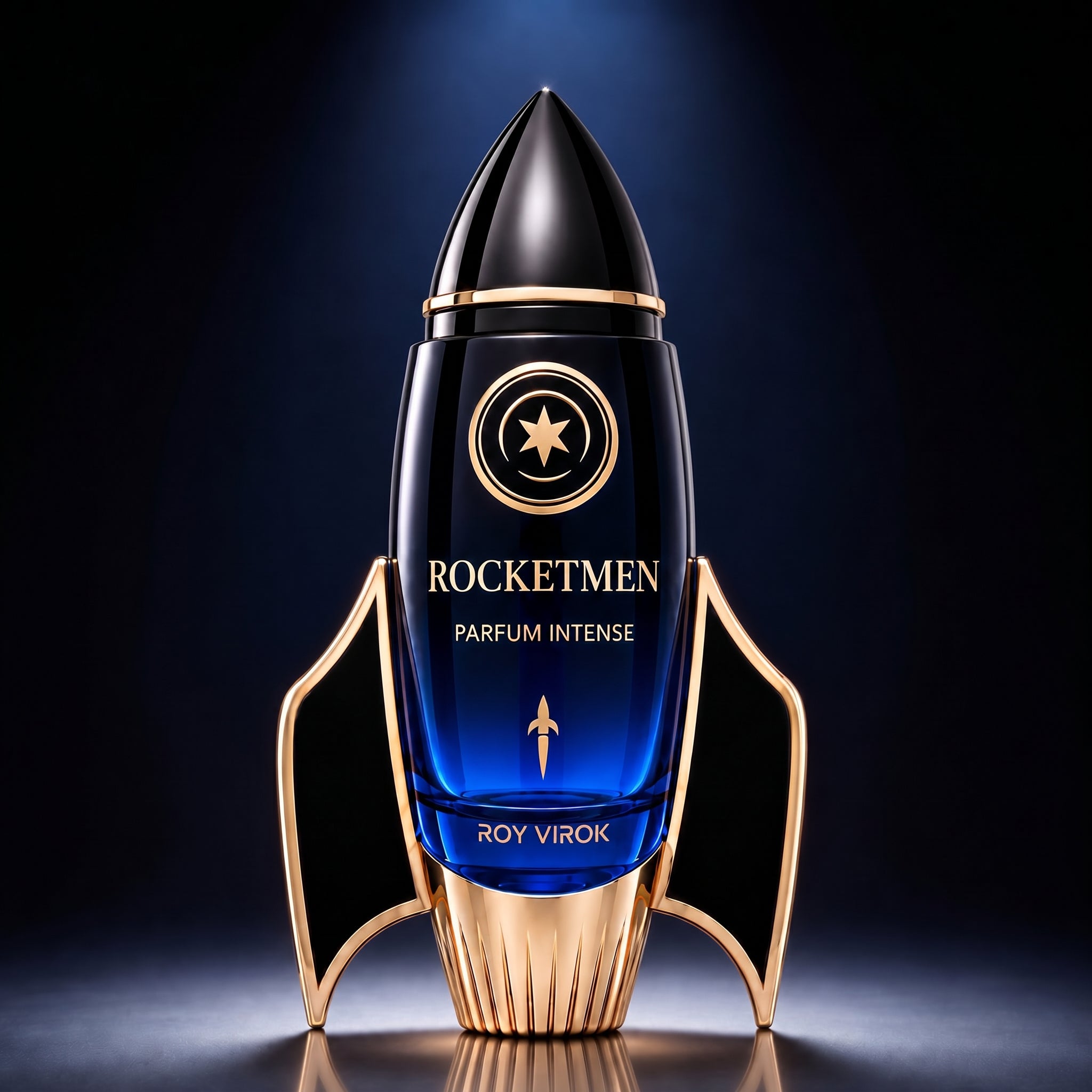 ROCKETMEN Parfum Intense 100 ml by ROY VIROK, luxury men’s perfume in a rocket-shaped blue glass bottle with glossy gold details.