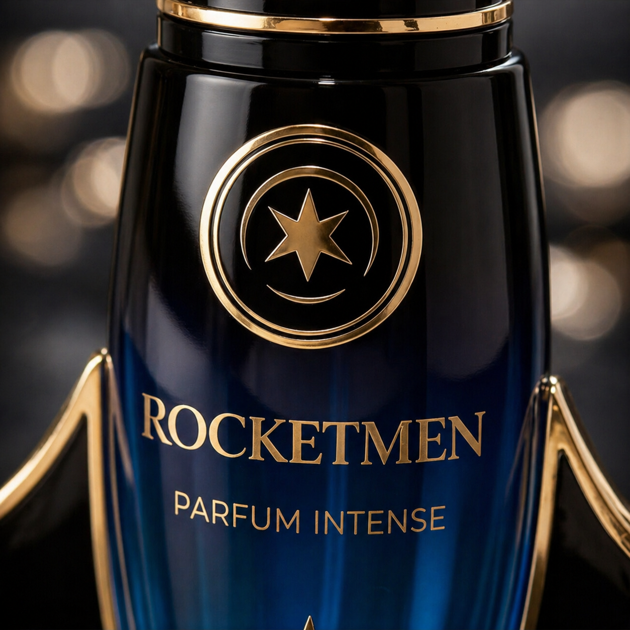Close-up macro detail of ROY VIROK ROCKETMEN Parfum Intense showing the gold star emblem, blue glass bottle and metallic gold logo.