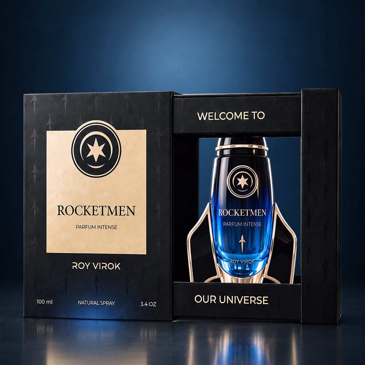 Rocketmen Parfum Intense 100 ml de Roy Virok presentado en su estuche expositor negro y dorado.