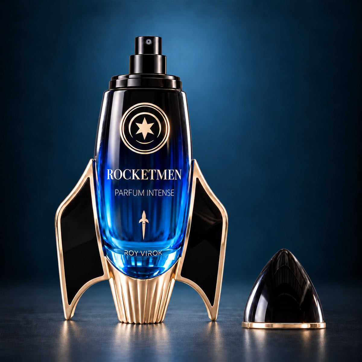 Rocketmen Parfum Intense 100 ml de Roy Virok sin tapón, con el pulverizador visible y el tapón negro y dorado al lado.