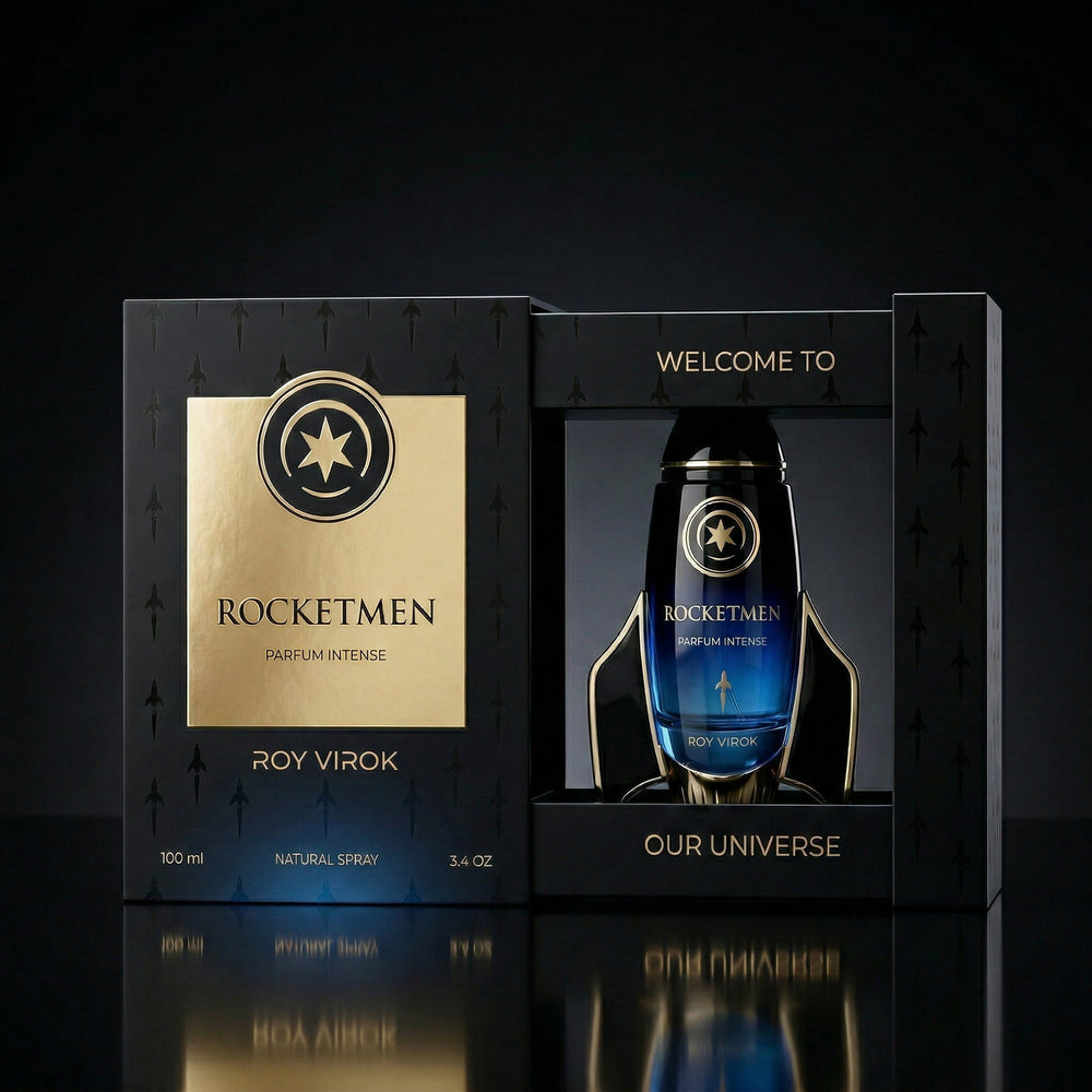 ROCKETMEN Parfum Intense gift packaging by ROY VIROK