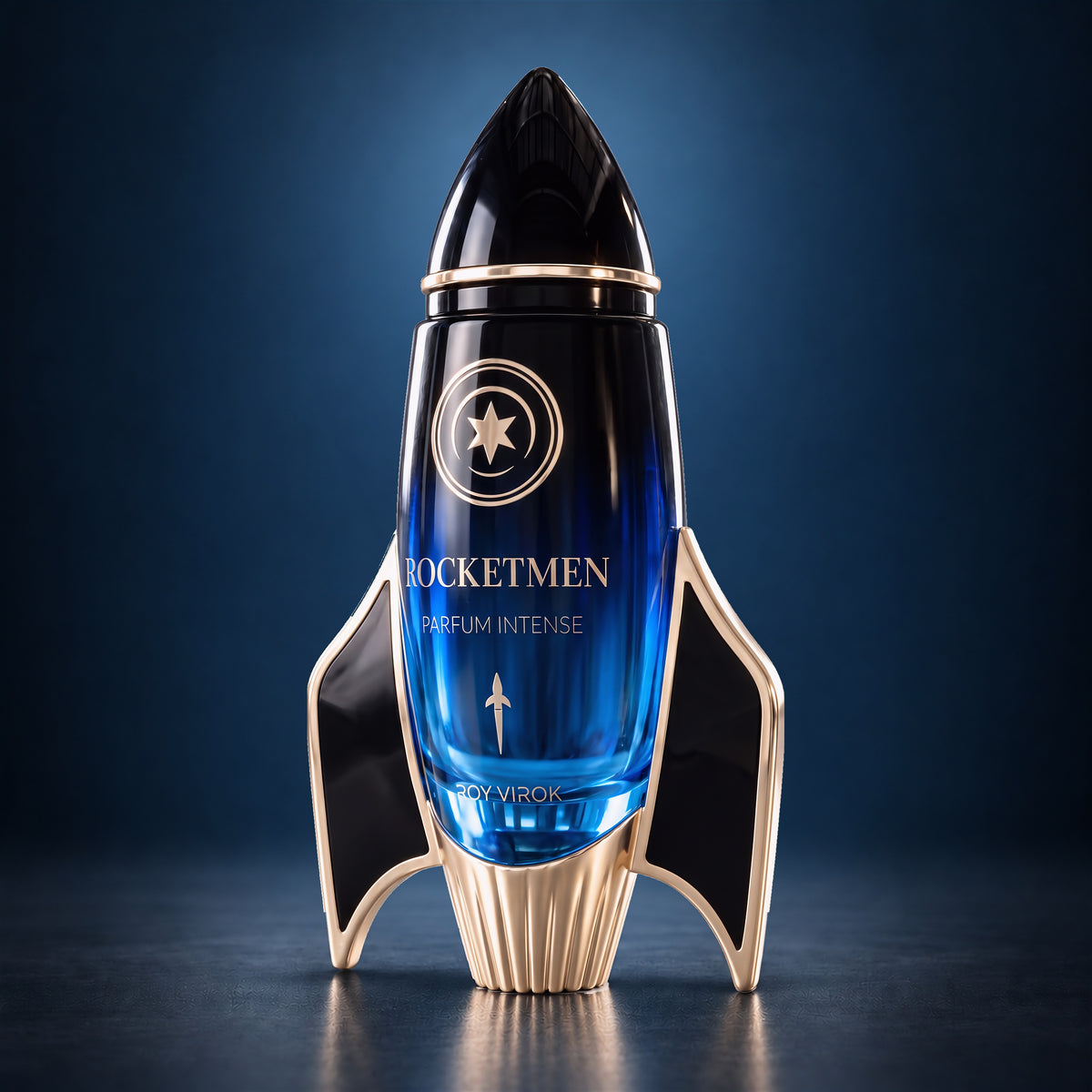 Side view of the blue and gold ROCKETMEN Parfum Intense 100 ml bottle by ROY VIROK.