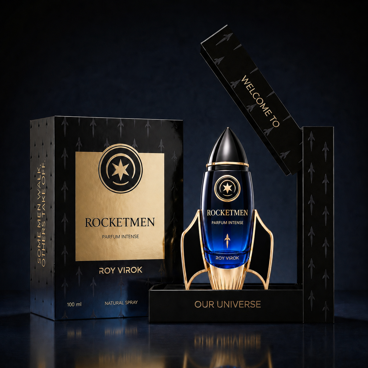 ROCKETMEN Parfum Intense 100 ml by ROY VIROK shown with luxury packaging and rocket-shaped bottle in an open unboxing ritual scene.