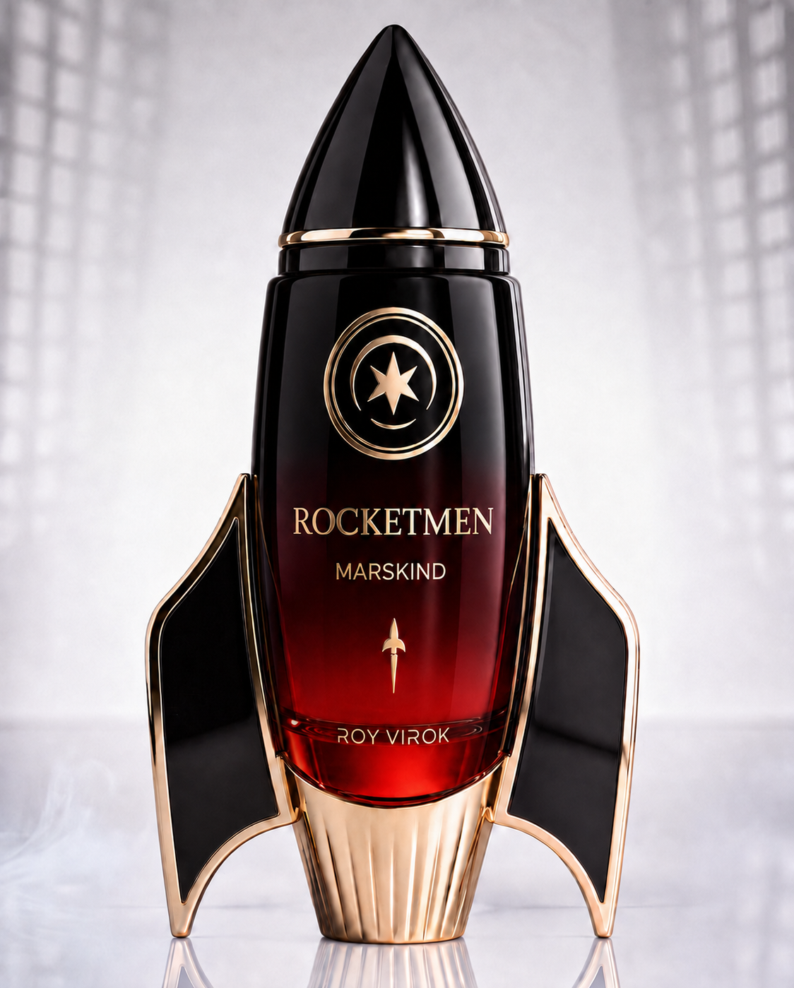 Roy Virok Rocketmen Marskind Parfum Intense luxury rocket-shaped perfume bottle in deep red gradient glass with black cap and champagne-gold details.