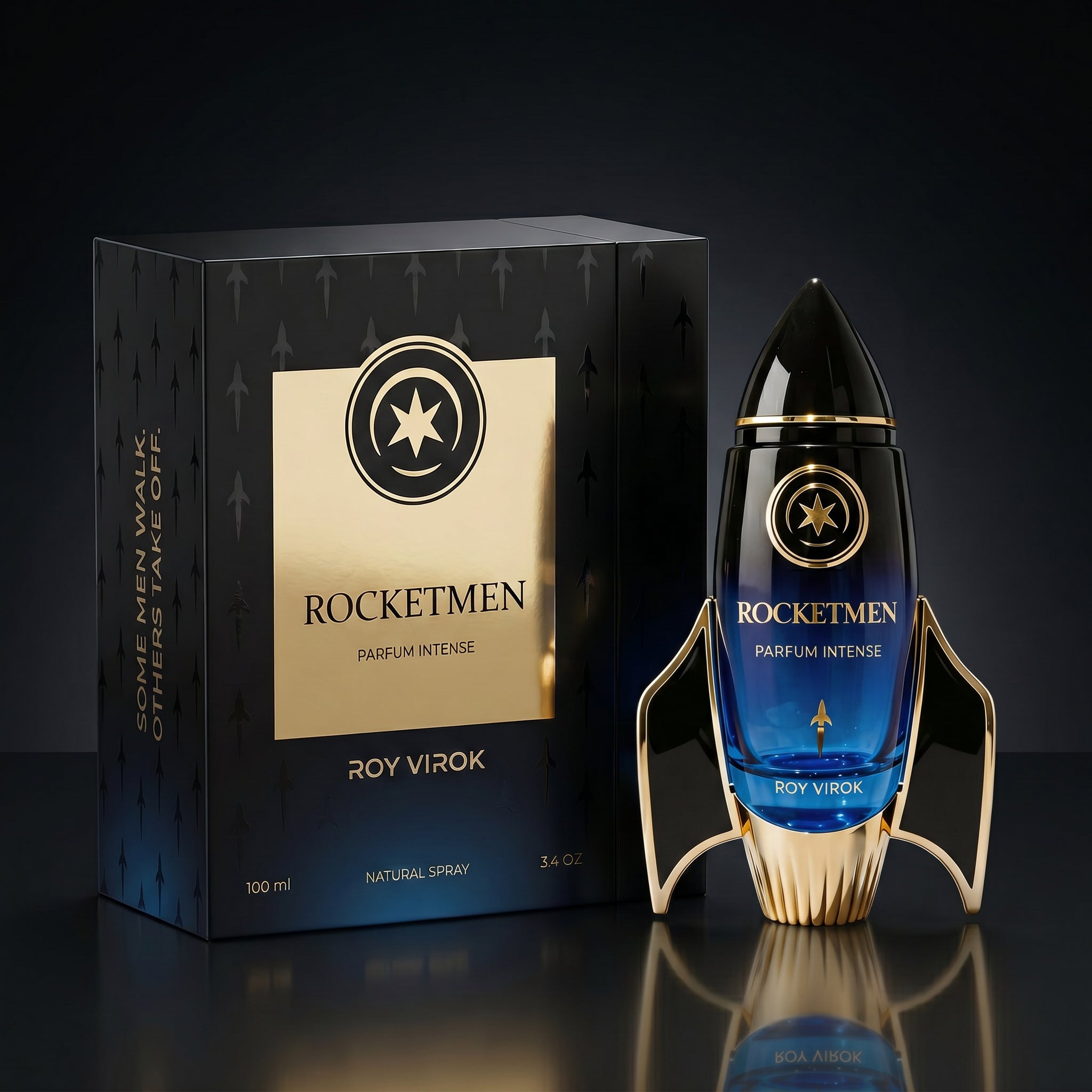 Packaging of rocket-shape bottle  Roy Virok Rocketmen Parfum Intense 100 ml