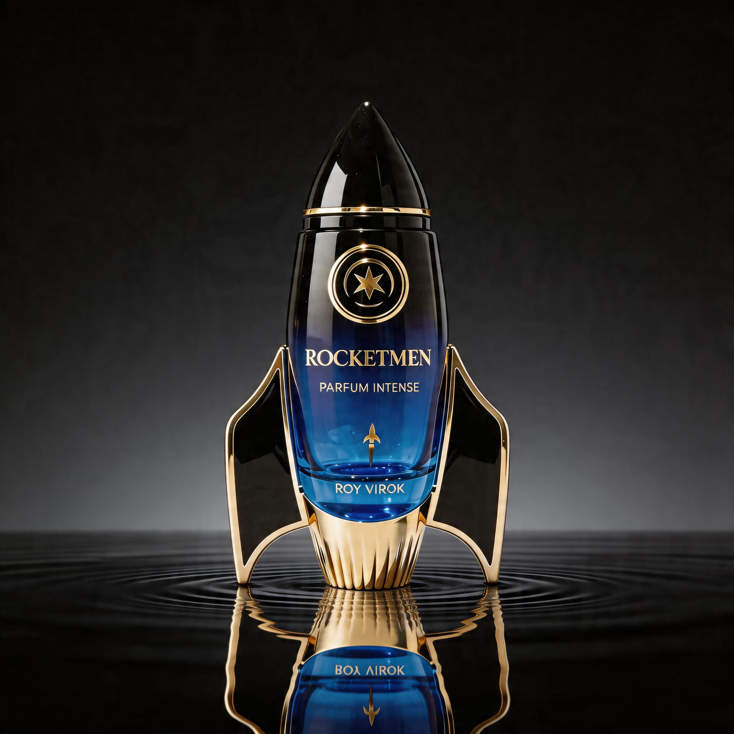 ROCKETMEN Parfum Intense 100 ml by ROY VIROK in its iconic rocket-shaped bottle, standing on black water with a cinematic reflection.