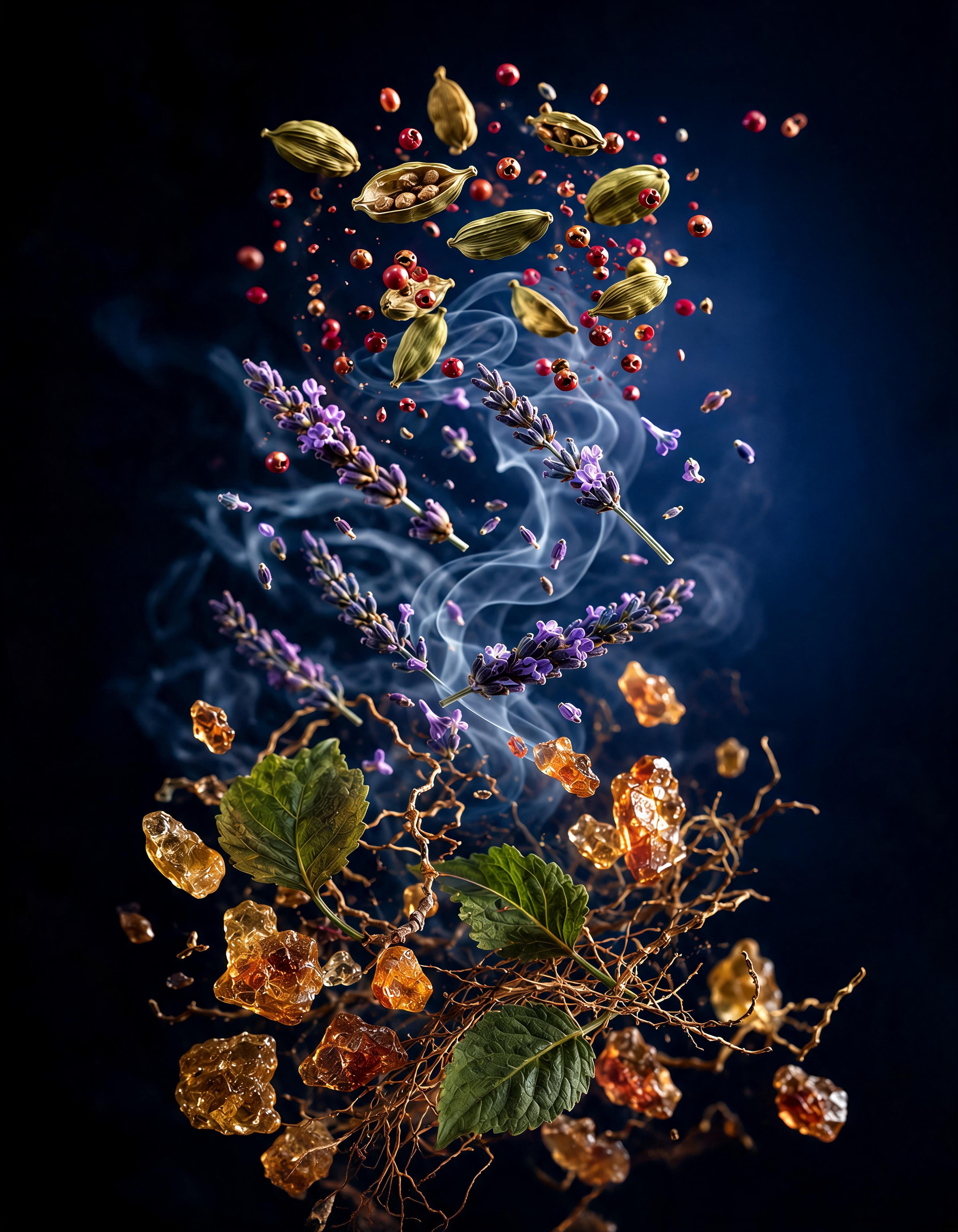 ROCKETMEN fragrance notes: cardamom and pink pepper, lavender and incense, styrax, patchouli and vetiver floating against a deep blue background.