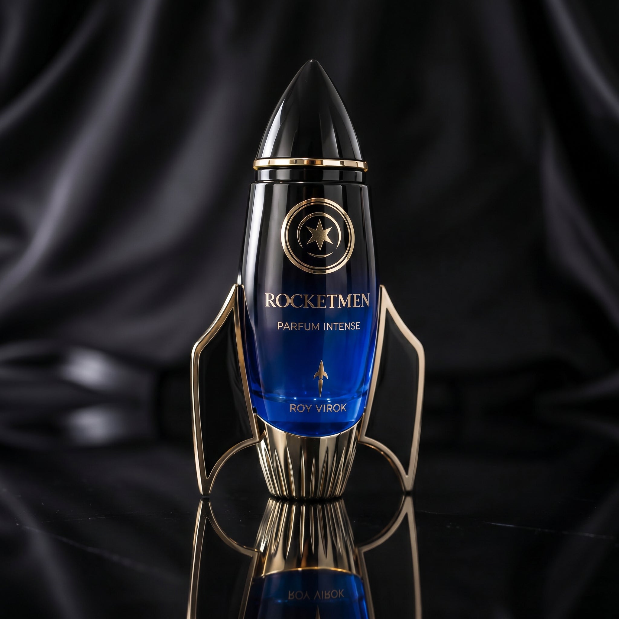 ROCKETMEN Parfum Intense 100 ml by ROY VIROK in a rocket-shaped bottle on a glossy black reflective surface.