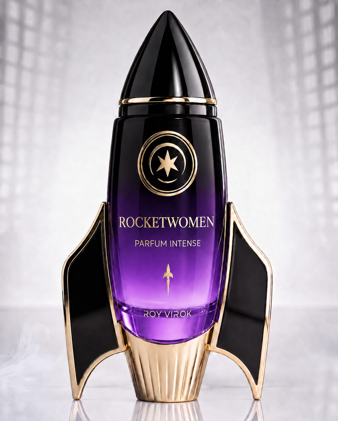 Roy Virok Rocketwomen Parfum Intense luxury rocket-shaped perfume bottle in purple gradient glass with black cap and champagne-gold details.