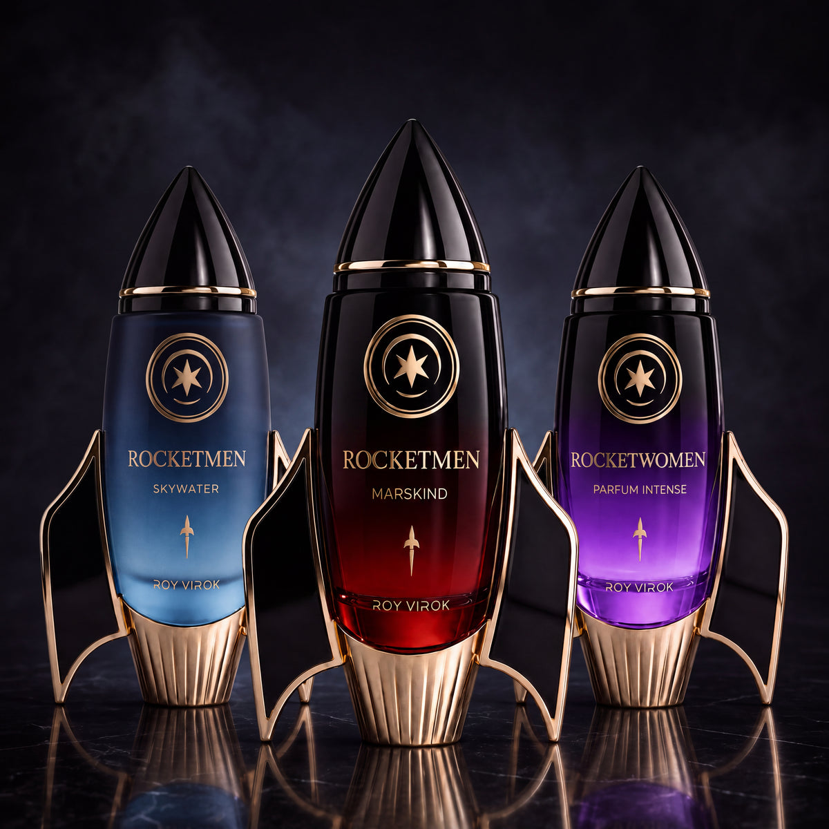ROY VIROK rocket-shaped perfume bottles featuring Skywater, Marskind and Rocketwomen with premium gold details on a dark cosmic background.