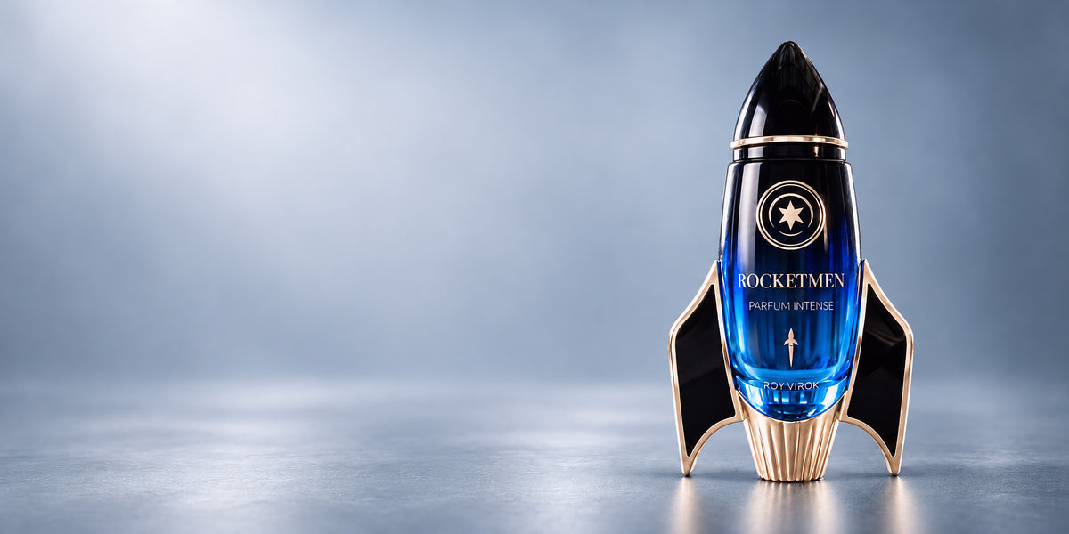 Blue and gold rocket-shaped ROCKETMEN Parfum Intense 100 ml bottle by ROY VIROK against a pearl blue-grey background.