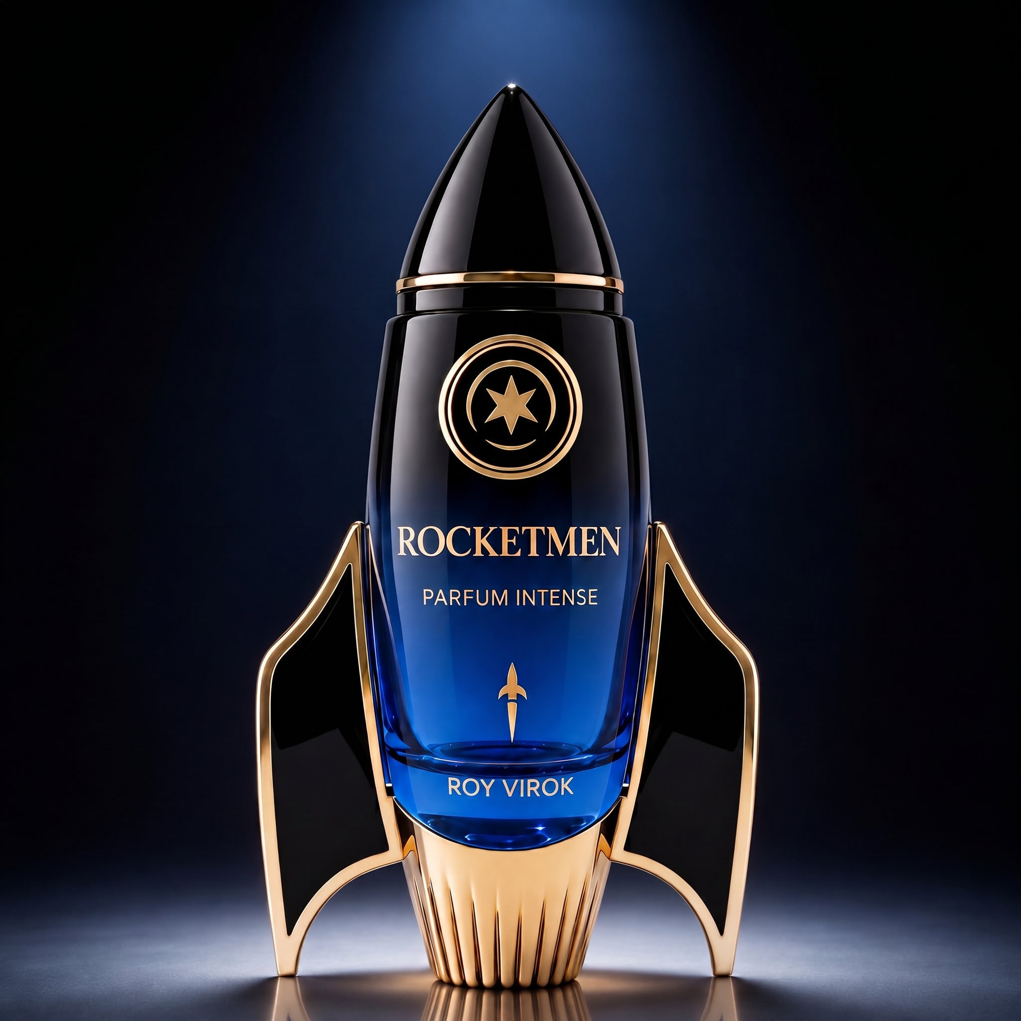 ROCKETMEN Parfum Intense 100 ml by ROY VIROK, rocket-shaped blue glass perfume bottle with glossy gold details on a dark luxury background.