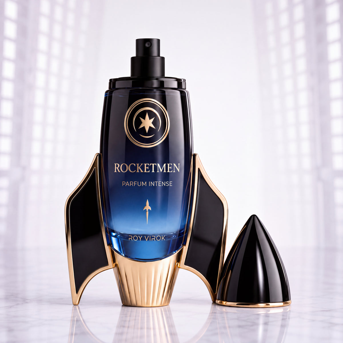 ROCKETMEN 100 ml bottle with black atomizer and detached rocket-shaped cap.