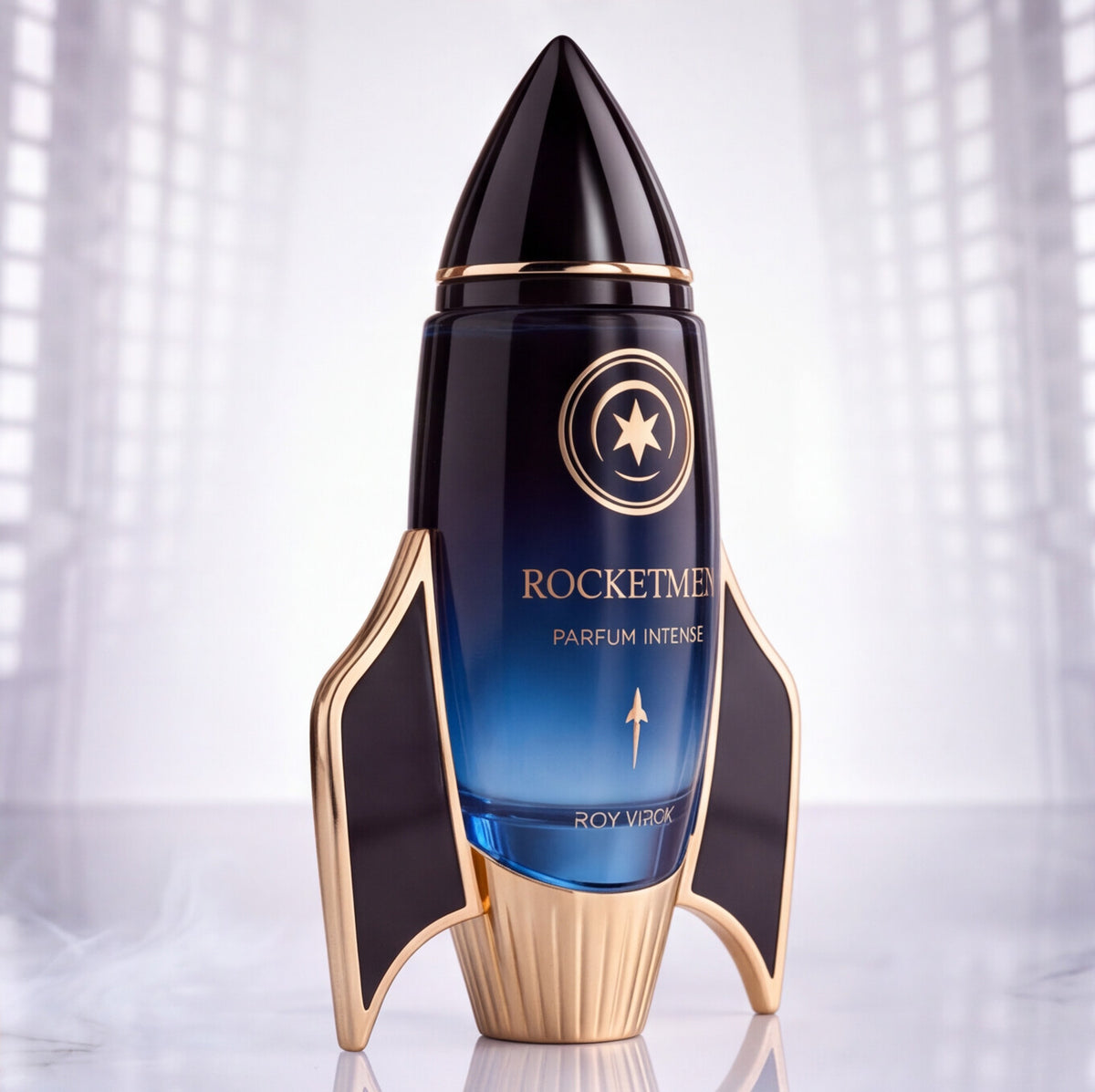 Rocket-shaped ROCKETMEN 100 ml bottle in blue, black and champagne gold.