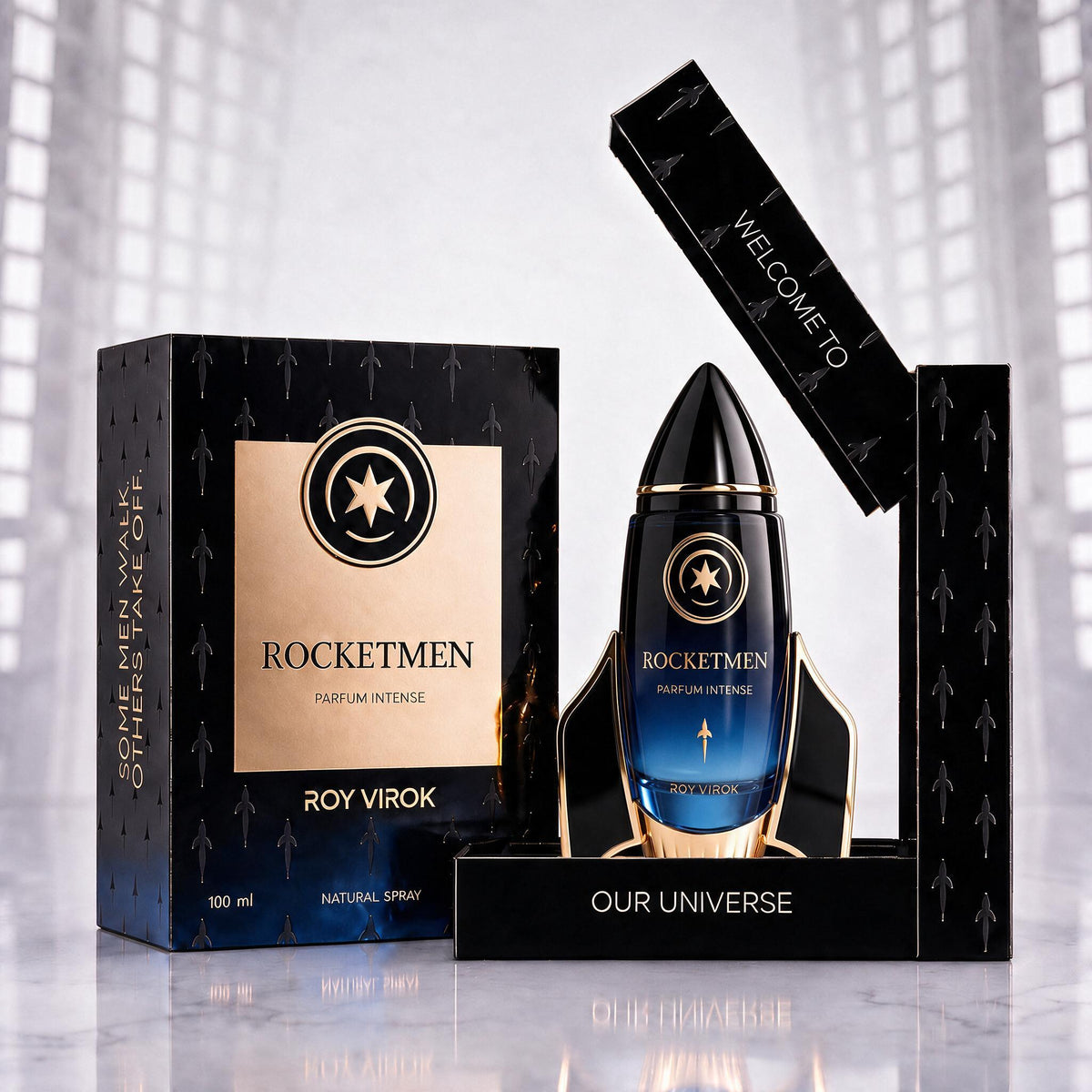 ROCKETMEN 100 ml bottle with black box and open champagne-gold presentation case.