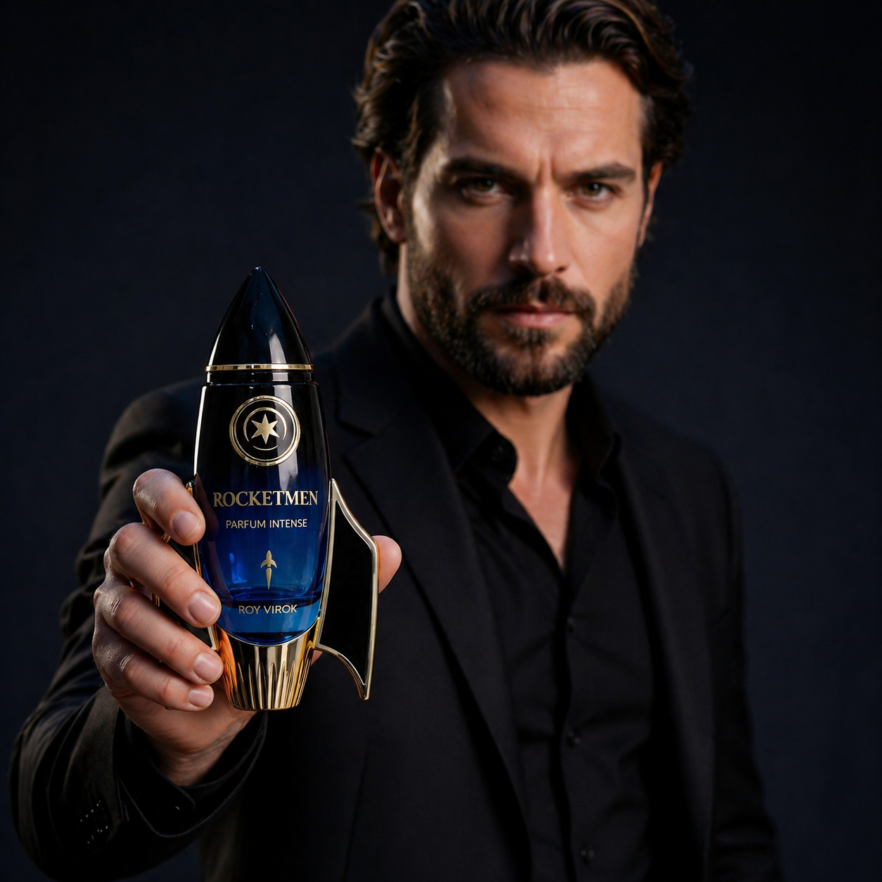 Male model in a black suit holding ROY VIROK ROCKETMEN Parfum Intense, a rocket-shaped blue glass perfume bottle with black and metallic gold details.