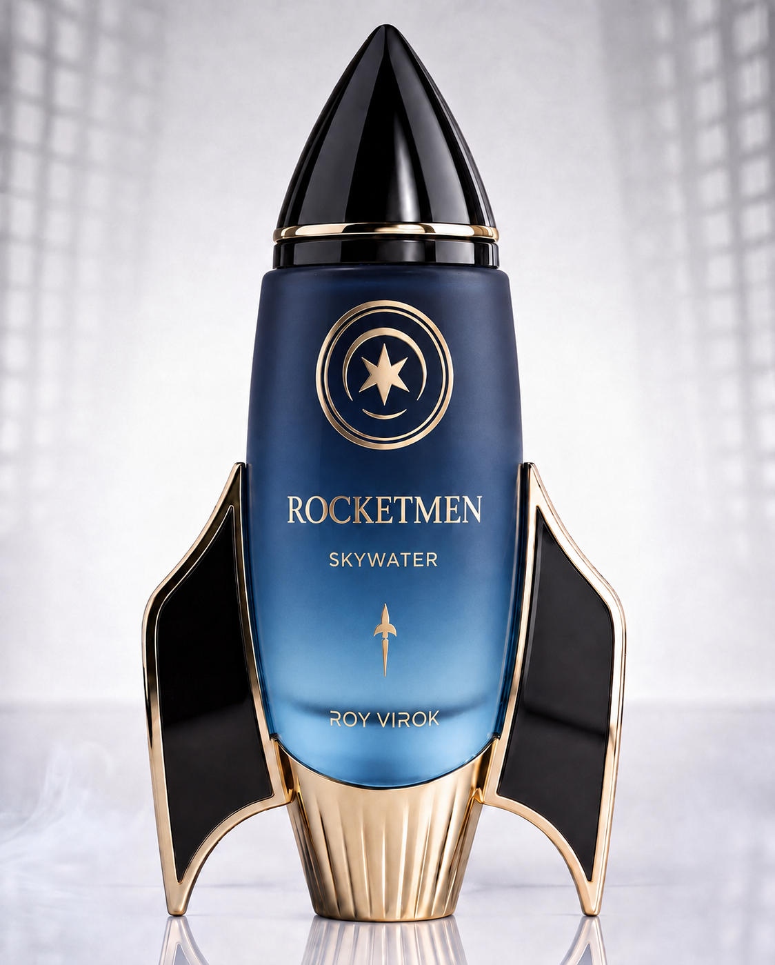 Roy Virok Rocketmen Skywater Parfum Intense luxury rocket-shaped perfume bottle in frosted blue glass with black cap and champagne-gold details.